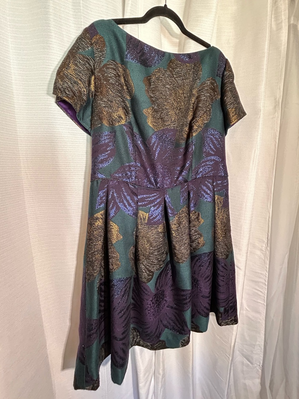 Peggy Jennings - Emerald Green, Gold, & Purple Metallic Floral Fit & Flare Dress